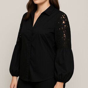 WHBM Black Button-Up Blouse w Romantic Lace Puff Sleeves – Unconventional Lace